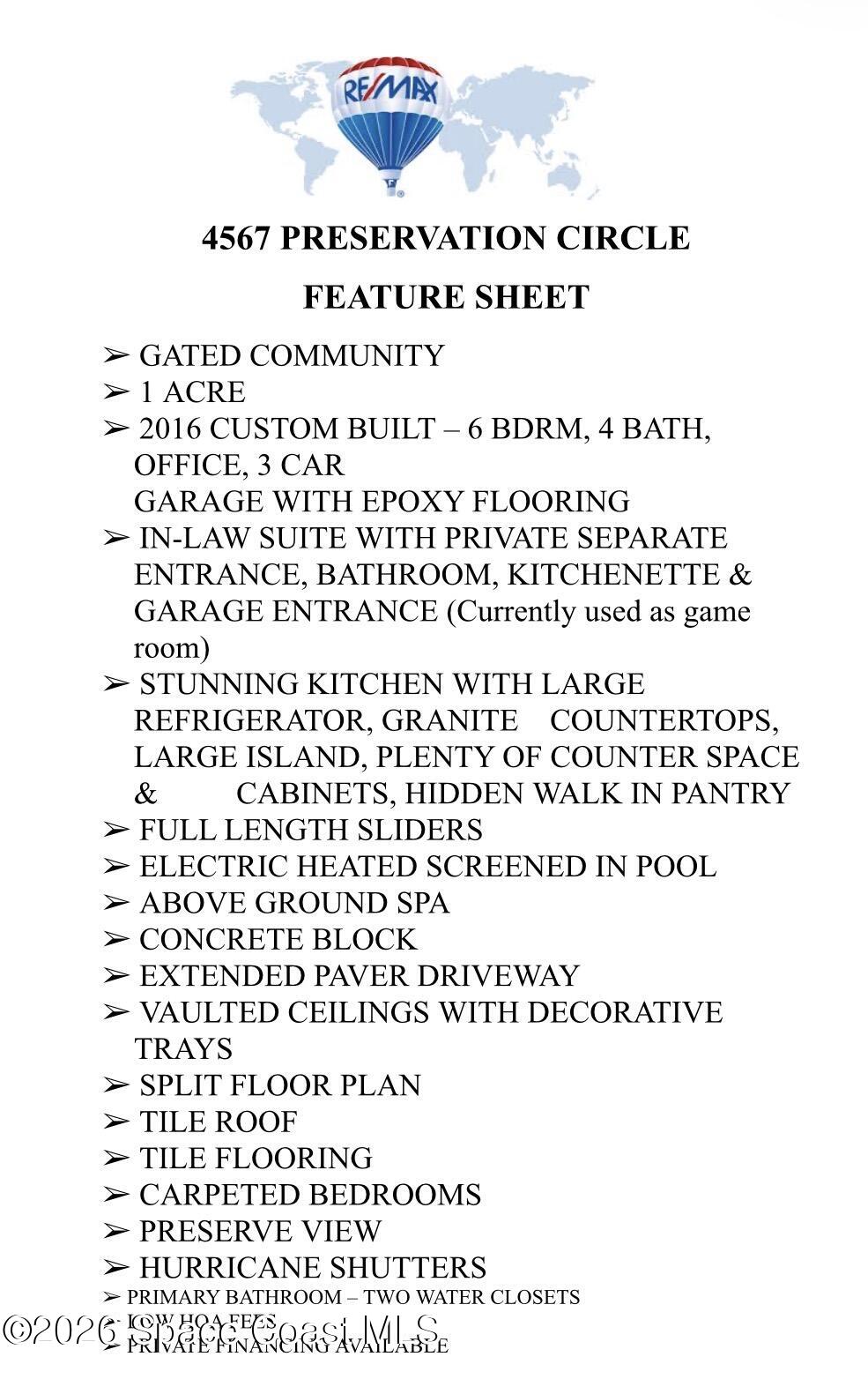 4567 Preservation Circle Melbourne, FL 32934 - Photo 72 of 75 Feature Sheet