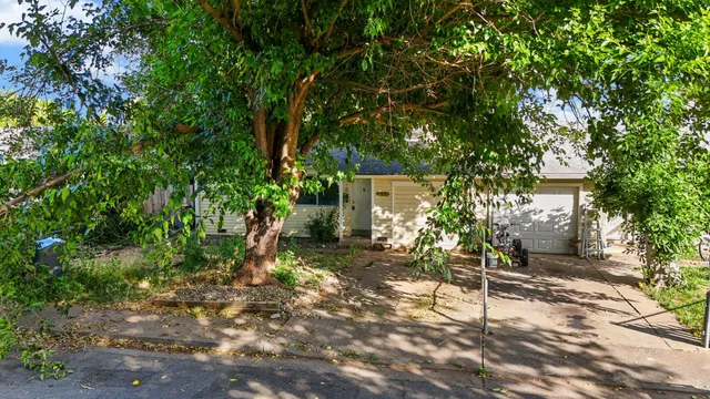 a backyard of a house with table and chairs under an large trees