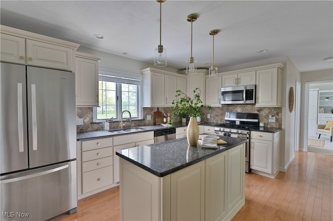 7091 South Raccoon Road Canfield, OH 44406 - Photo 15 of 39 Kitchen featuring appliances with stainless steel finishes, a sink, light wood-type flooring, a kitchen island, and decorative backsplash