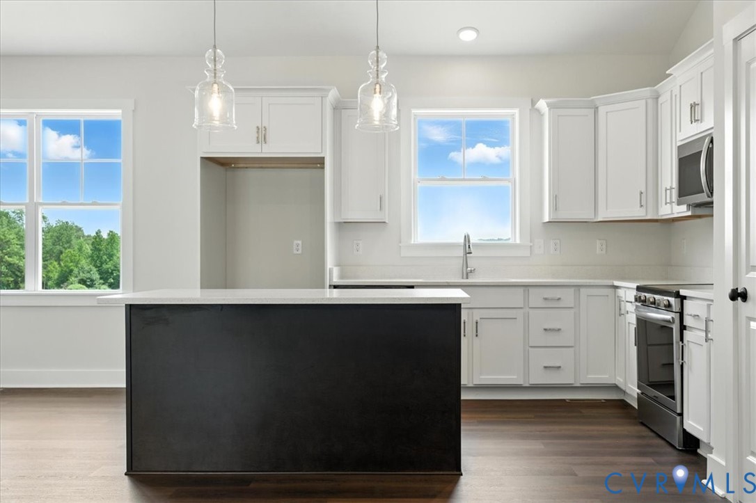 8666 Hat Creek Road Brookneal, VA 24528 - Photo 21 of 38 a kitchen with stainless steel appliances granite countertop a stove a sink and a microwave