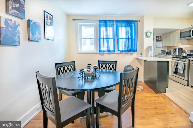 a view of a a dining room with furniture and wooden floor