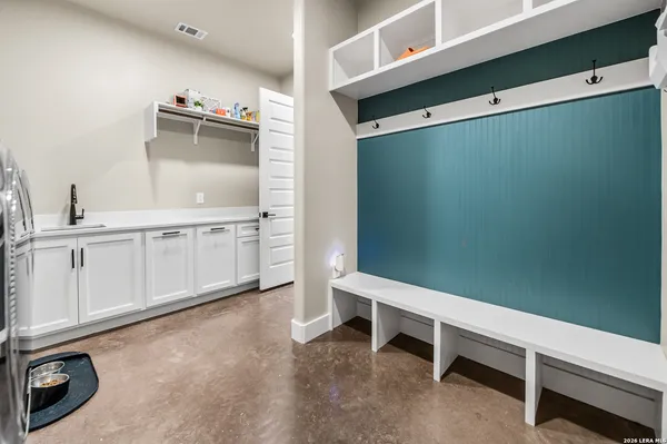 a hallway with cabinets