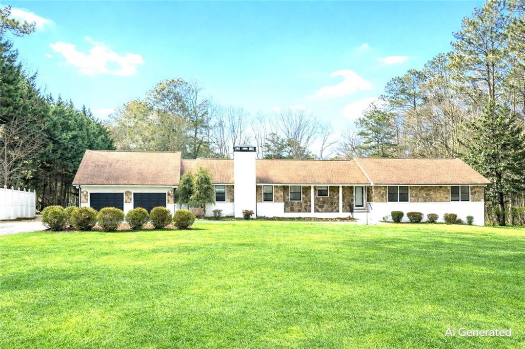 a front view of a house with a garden and trees