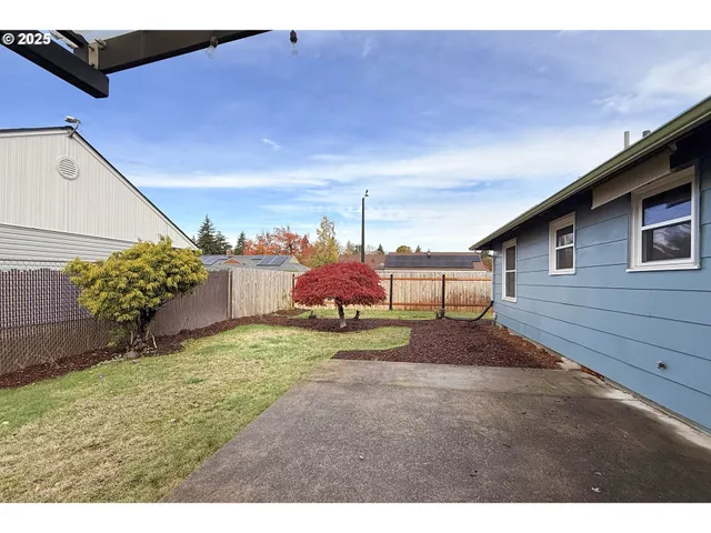 a view of a house with backyard and a tree