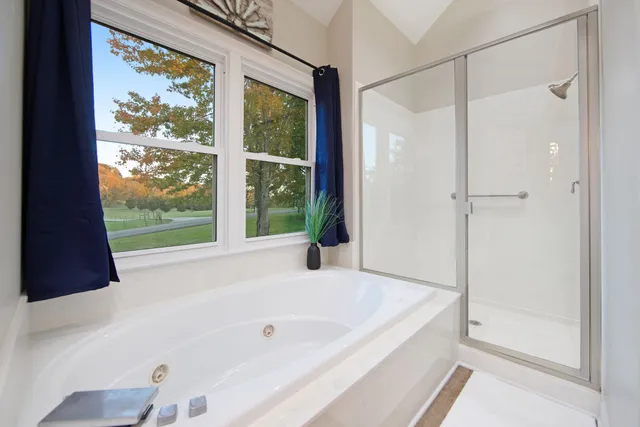 a bathroom with a bathtub and a shower