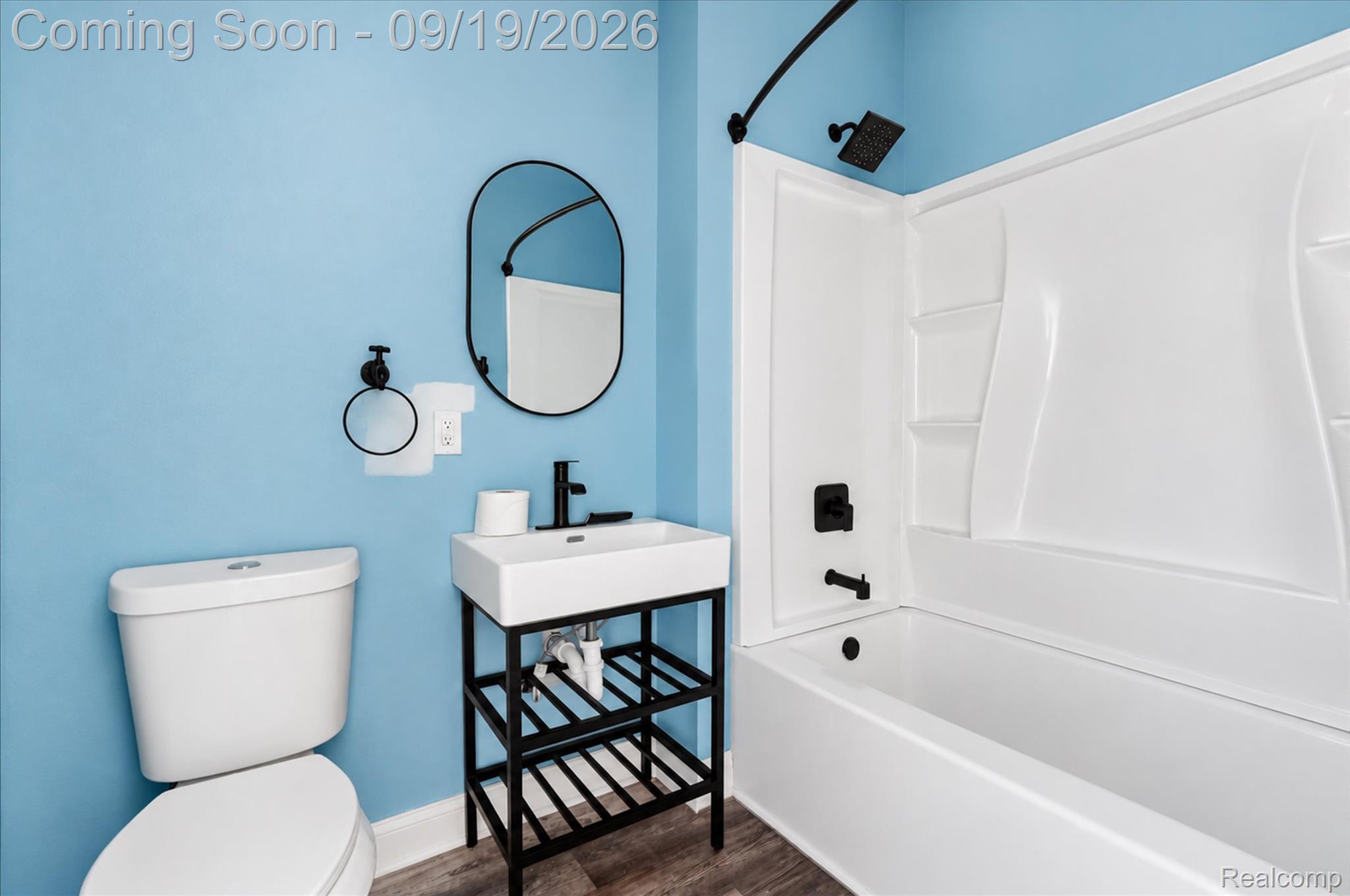 10215 West Mount Morris Road Flushing, MI 48433 - Photo 25 of 58 White toilet and rectangular sink with a black-finish faucet