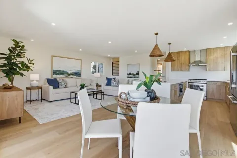 a living room with lots of furniture and a potted plant