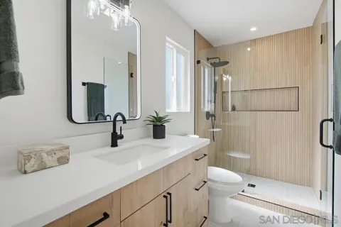 a bathroom with a sink a toilet a mirror and shower