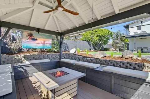 a outdoor living space with furniture and a flat screen tv