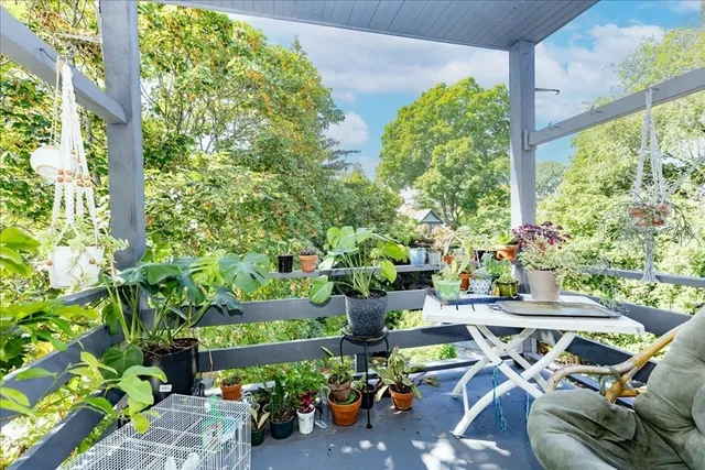 a view of backyard with plants and outdoor seating