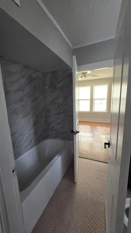 a bathroom with a bathtub