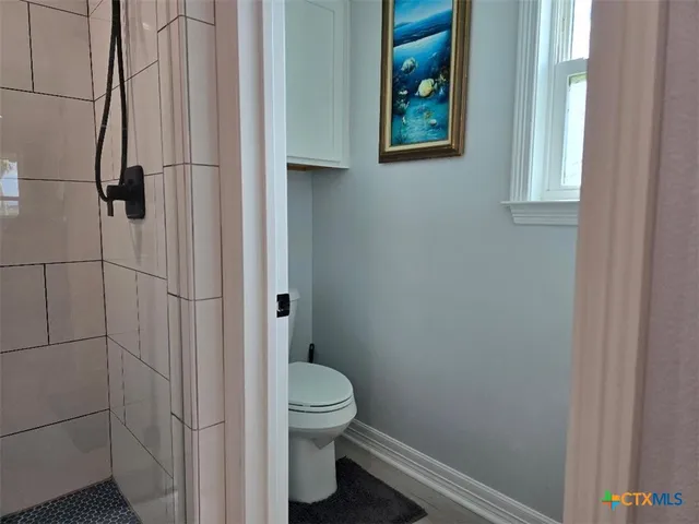 a bathroom with a toilet and a shower