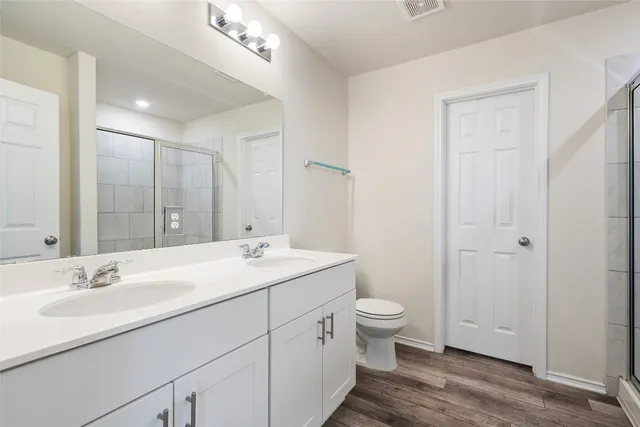 a bathroom with a double vanity sink toilet and a mirror