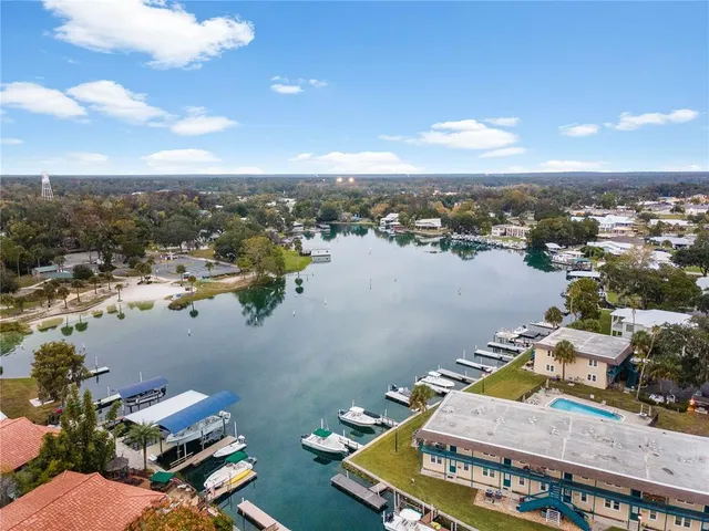 an aerial view of city and lake with boats and trees all around