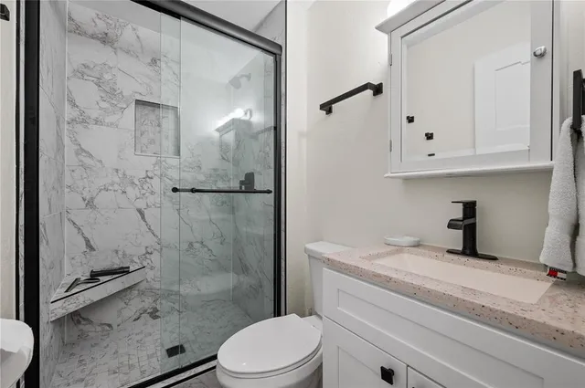a bathroom with a shower sink vanity mirror and toilet