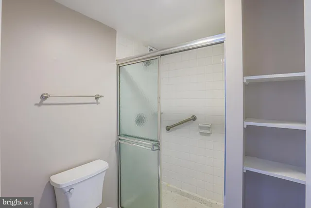 a bathroom with a shower and toilet