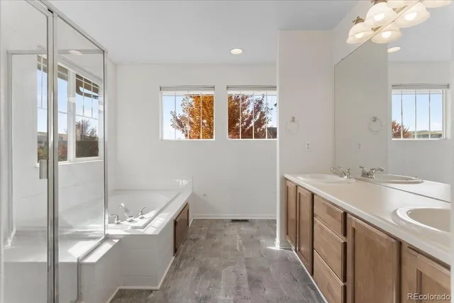 a bathroom with a tub sink and mirror