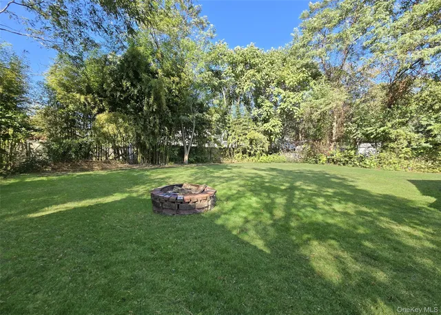 a garden with trees in the background