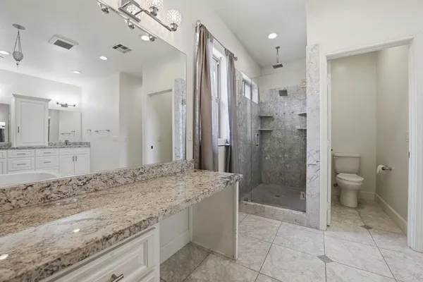 a bathroom with a granite countertop sink a toilet and shower