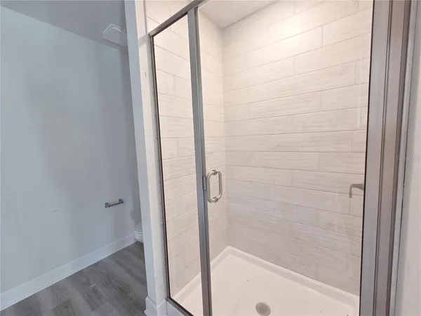 a bathroom with a shower and a toilet