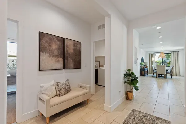 a living room with furniture and potted plant