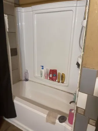 a bathroom with a bathtub and a shower