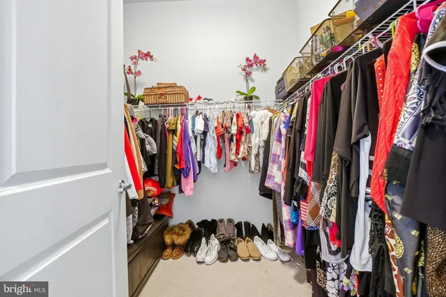 a view of walk in closet with clothes