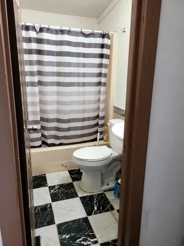 a bathroom with a toilet and a shower curtain