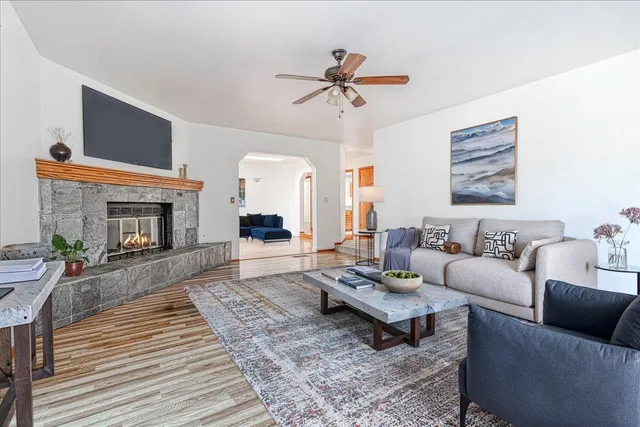 a living room with furniture and a fireplace