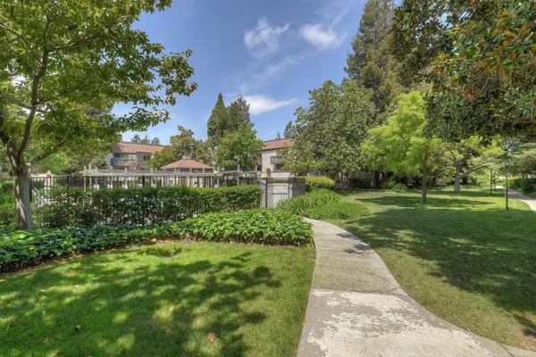 a view of a garden with a fountain