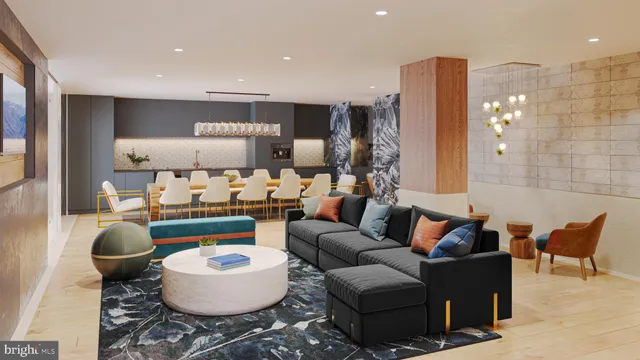 a living room with furniture and a table