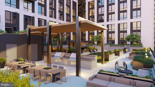 a view of a building with sitting area