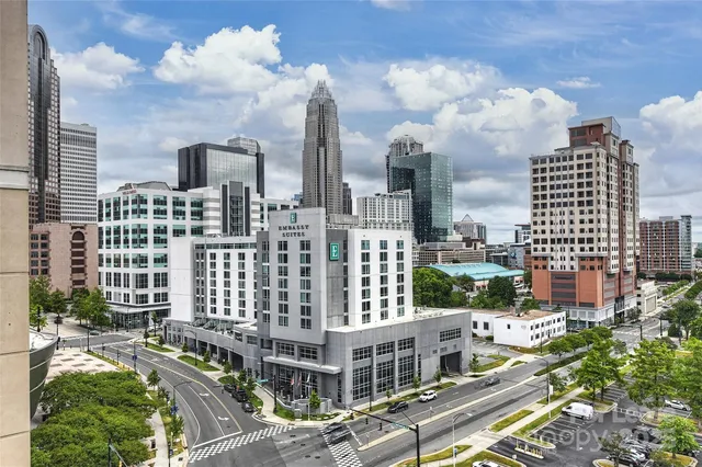 a city view with tall buildings
