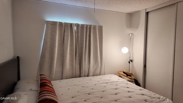 a bedroom with a bed and a closet