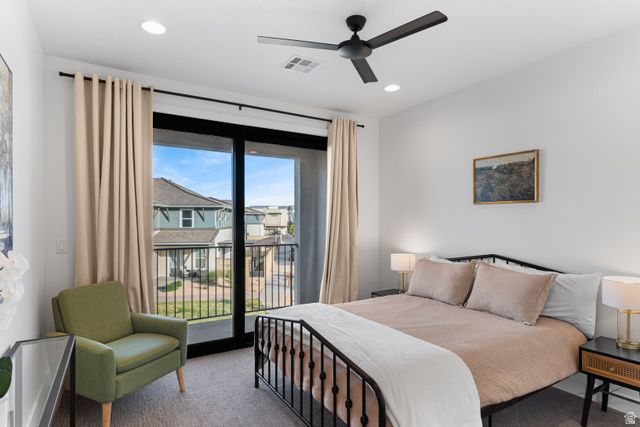 5367 Cyan Lane St. George, UT 84790 - Photo 8 of 49 Bedroom featuring a large sliding glass door with balcony access, recessed lighting, and a ceiling fan