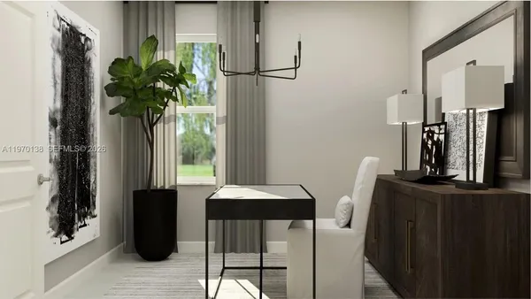 a dining room with furniture and a potted plant