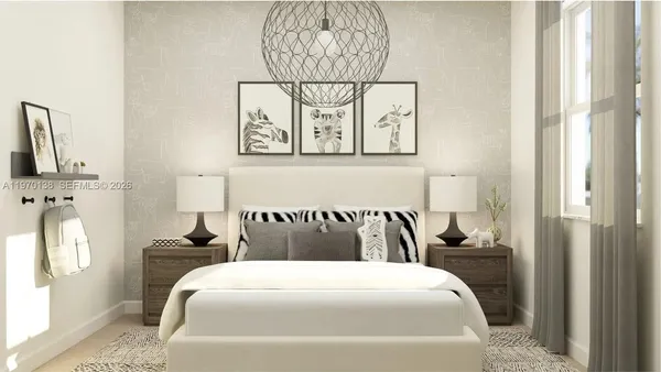 a bedroom with a bed and a mirror