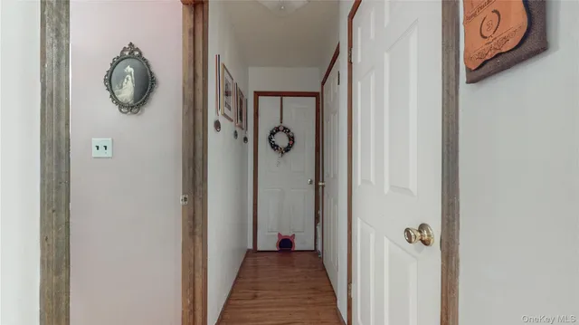 a view of a hallway with wooden floor