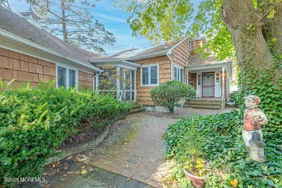 a view of a house with potted plants and a large tree