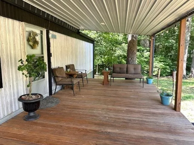 a living room with patio furniture and a potted plant