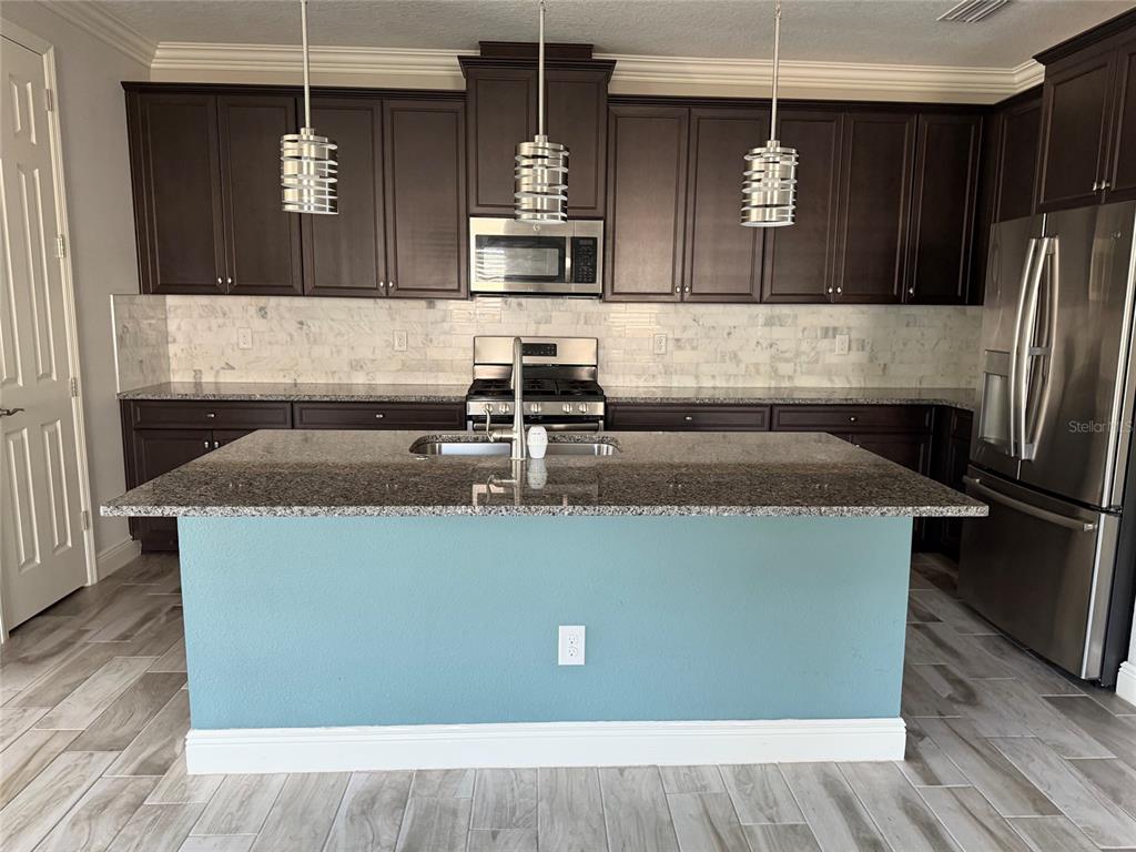 6204 Colmar Place Apollo Beach, FL 33572 - Photo 17 of 57 a kitchen with kitchen island a counter top space cabinets and stainless steel appliances