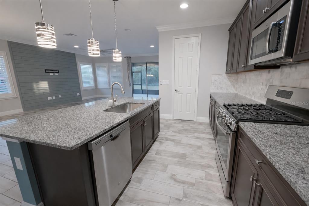6204 Colmar Place Apollo Beach, FL 33572 - Photo 53 of 57 a kitchen with granite countertop kitchen island a stove a sink a refrigerator and a wooden cabinets