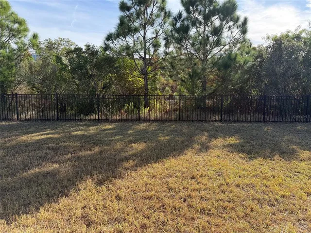 a view of a yard with trees in front of it