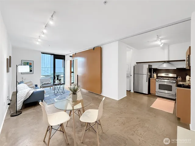 a view of a dining room with furniture