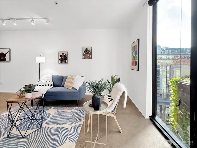 a living room with furniture a rug and a potted plant