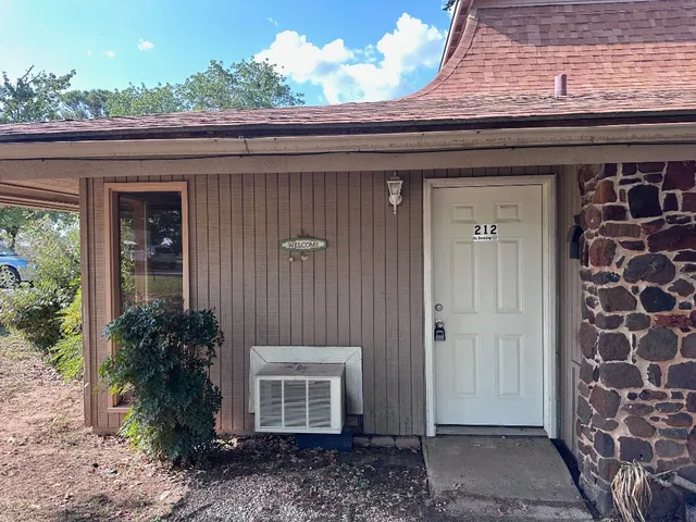 a couple of potted plants in front of door
