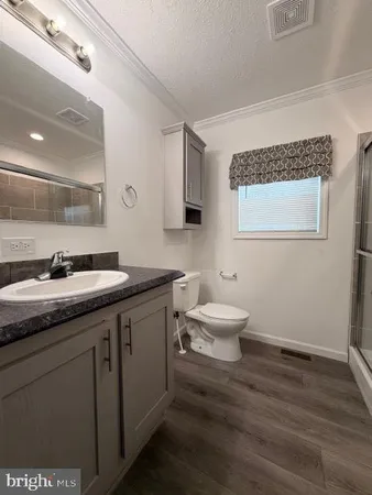 a bathroom with a granite countertop sink a toilet and a mirror