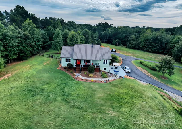 an aerial view of a garden with a slide