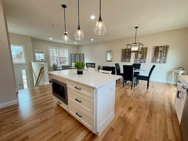 a kitchen with stainless steel appliances kitchen island granite countertop a potted plant in it