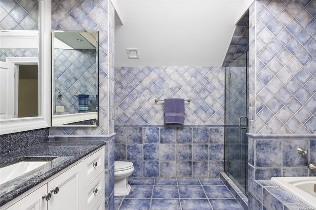 a bathroom with a granite countertop bathtub and shower